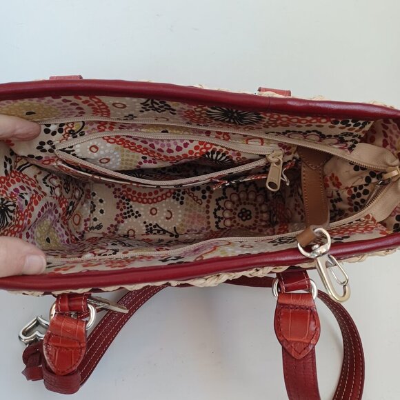 Brighton Bag Woven Natural Straw Red Croc Embossed Leather Floral Charm Dust Bag - Picture 9 of 14